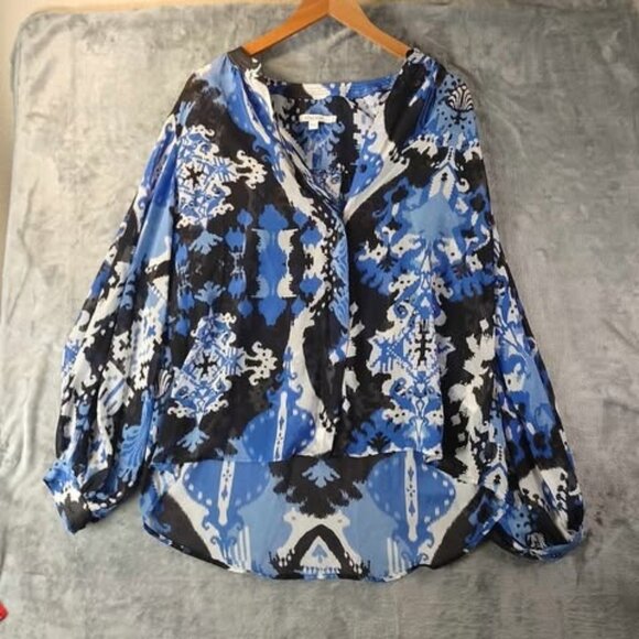 Chicos L Blue Black Abstract Print LongSleeve Boho highlow sheer tunic style Top - Picture 1 of 12
